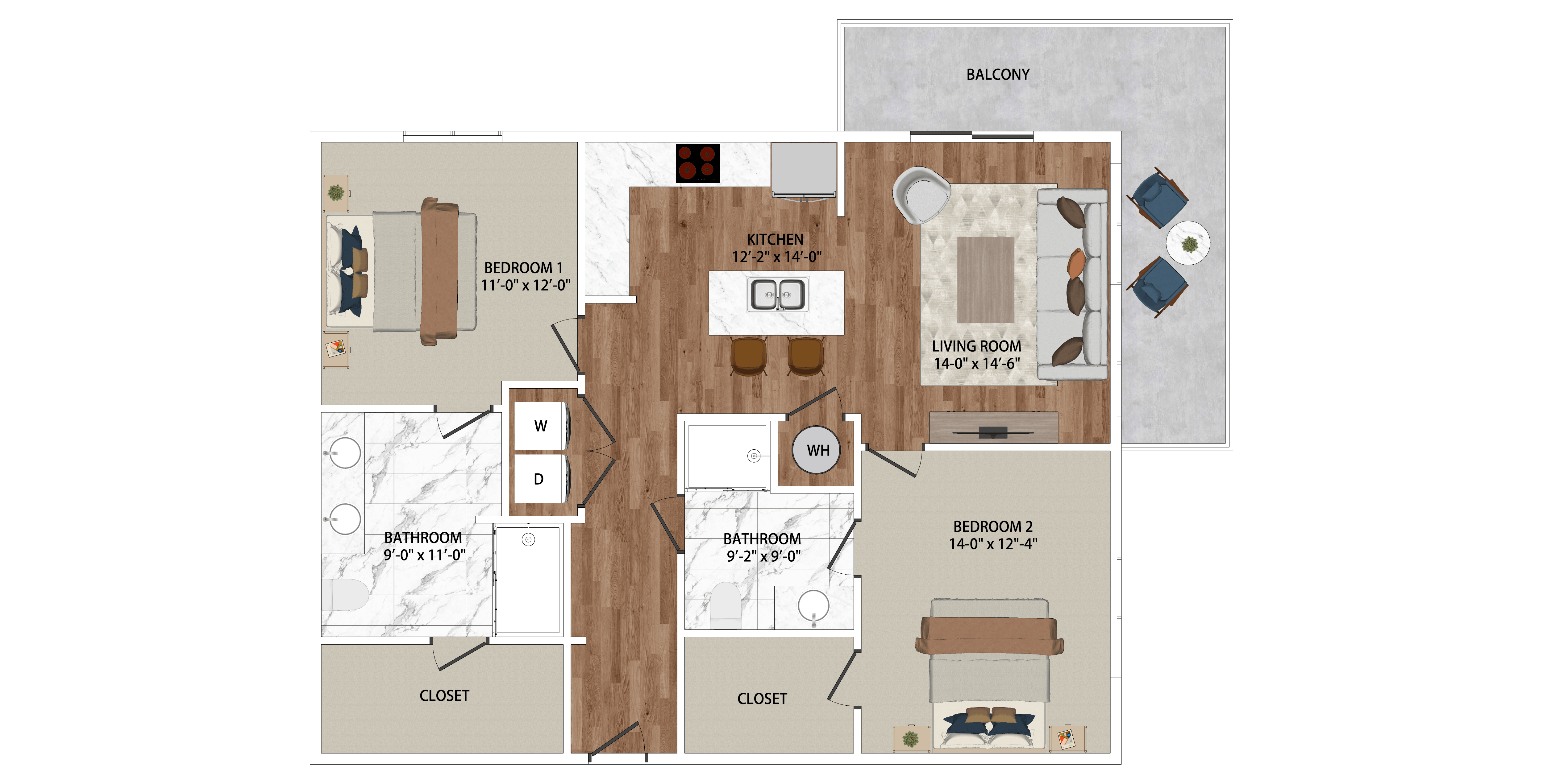Floor plan for 2 beds, 2 baths, 1257 sqft